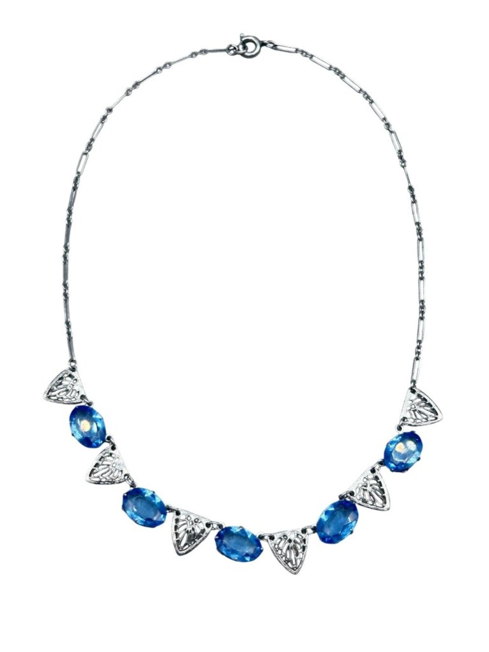 Art Deco Rhodium Plated Necklace Blue Czech Glass And Filigree Links